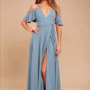 Slate Blue Off-the-Shoulder Wrap Maxi Dress
